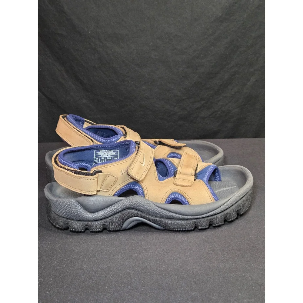 Nike Air Golf Sandals Womens 10 Tan Navy Blue‎ Leather Spiked 302135-221